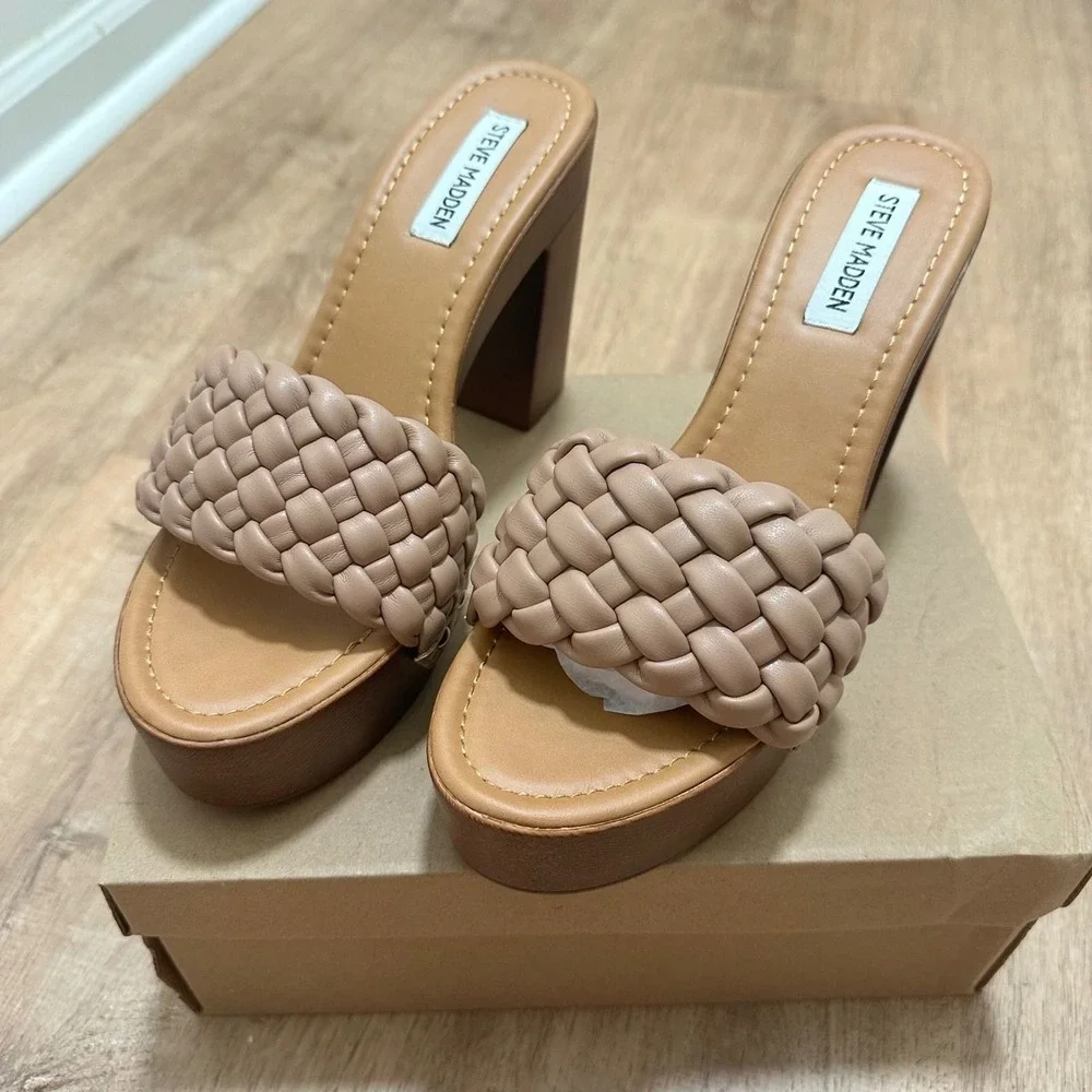 Steve Madden | NEW Amazed Nude Braided Platform Block Heel Slide Sandals, 8.5